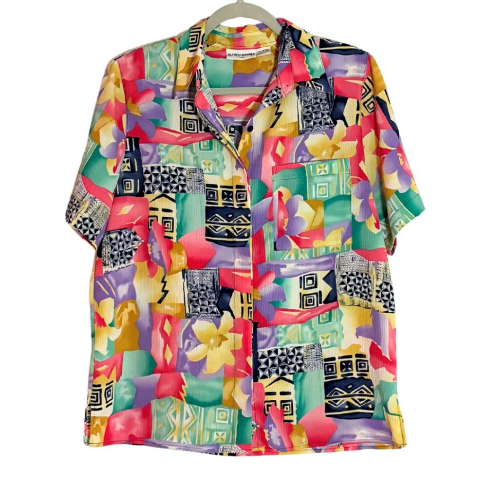 Alfred Dunner Vintage Art Colorblock 90s Style Floral Button Blouse Size 10
